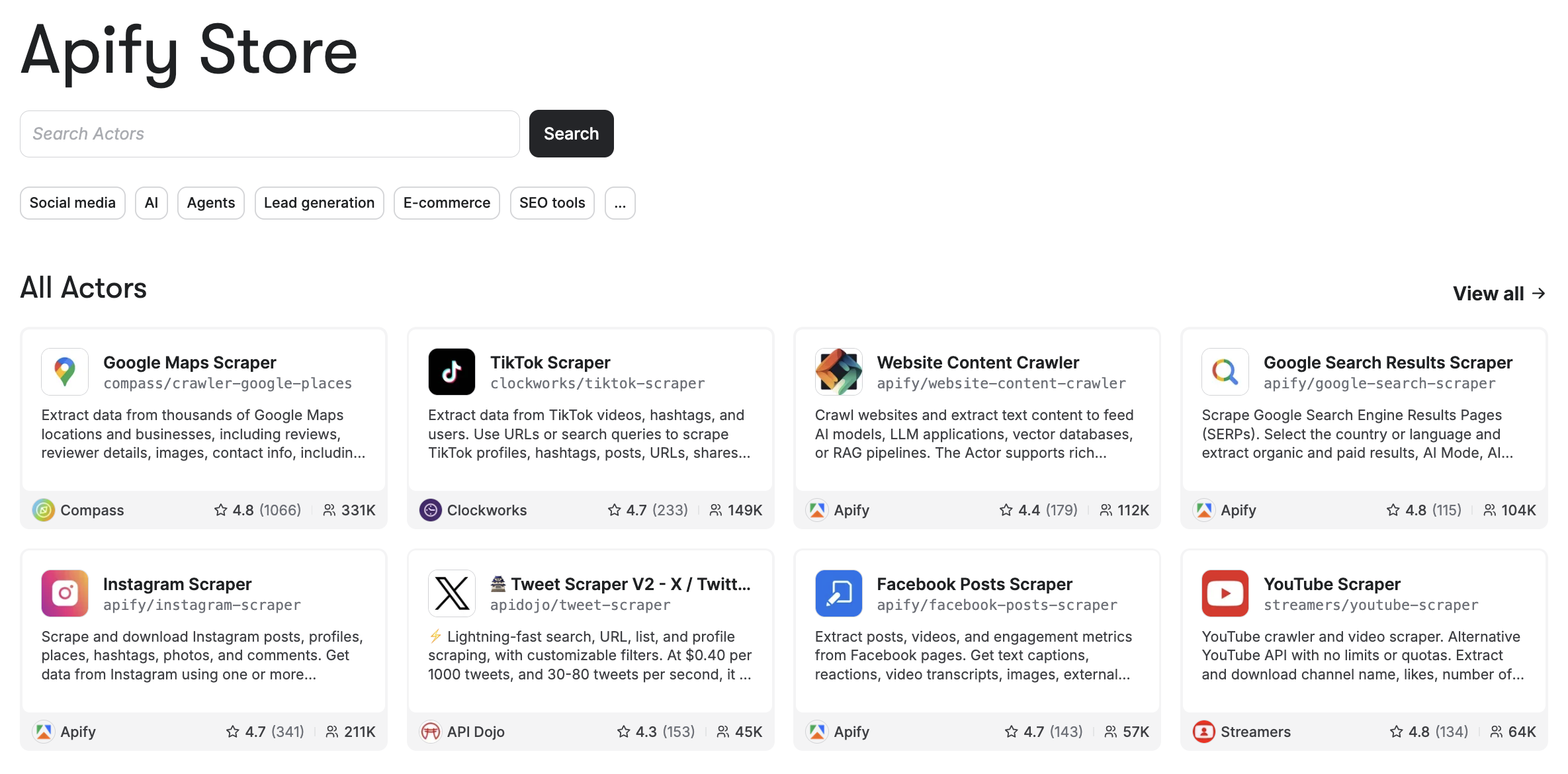 Apify Store showing available actors