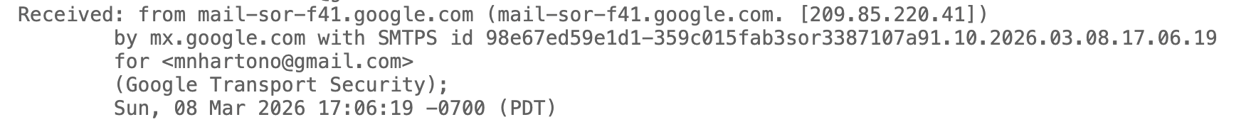 Received headers showing Google's mail server